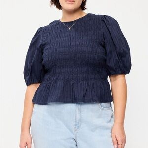 Old Navy Navy Smocked Peplum Puff-Sleeve Top